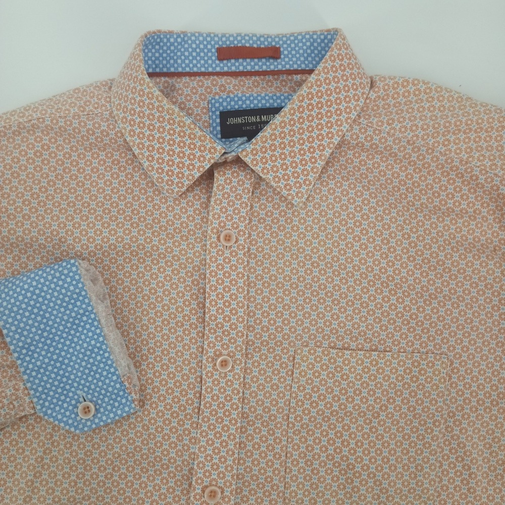 Johnston & Murphy Mens Large Orange Blue Floral Geometric Button Down Shirt L